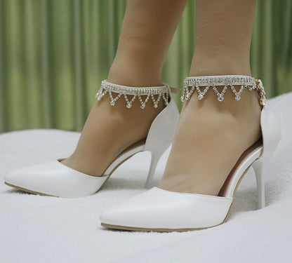 Women Pointed Toe Rhinestone Ankle Strap Bridal Wedding Shoes Stiletto Heel Sandals