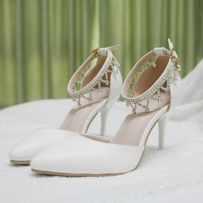 Women Pointed Toe Rhinestone Ankle Strap Bridal Wedding Shoes Stiletto Heel Sandals