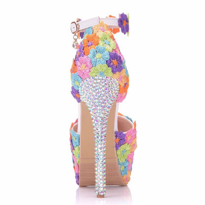 Women Rhinestone Stiletto Heel Lace Ankle Strap Bridal Wedding Platform Sandals