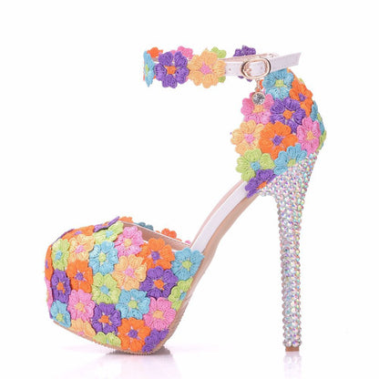 Women Rhinestone Stiletto Heel Lace Ankle Strap Bridal Wedding Platform Sandals