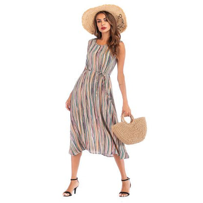 Round Collar Vertical Striped Sleeveless Vest Skirt Color Striped Straps Women Dresses