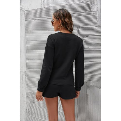 Women Long Sleeve T Shirt Tops Shorts Solid Color Home Two-piece Suit