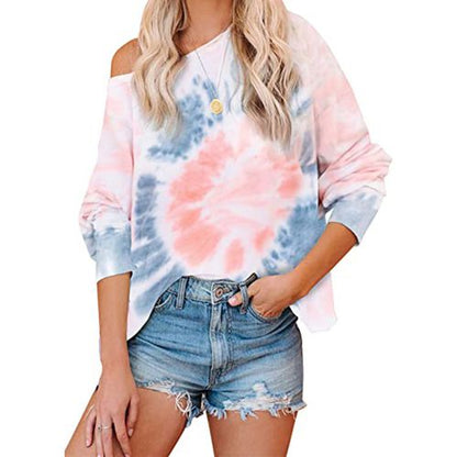 Women Tie-dye Gradient Off-the-shoulder T-shirt Long Sleeved Top