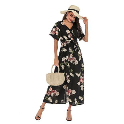 Chiffon Long Skirt Black Causual Print Beam Waist Large Swing Skirt Women Dresses