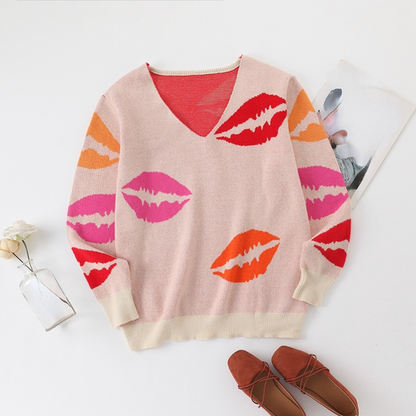 Women KISS Lips V-neck Pullover Sweater