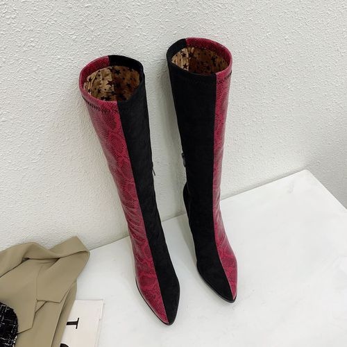 Women Pointed Toe Snake-print High Heels Knee High Boots