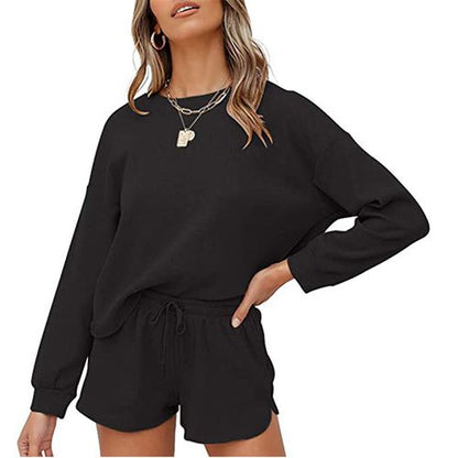 Women Long Sleeve T Shirt Tops Shorts Solid Color Home Two-piece Suit