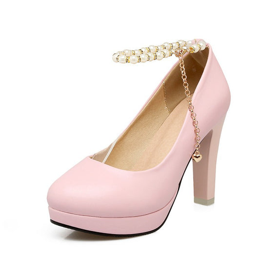 Pearl Chains Platform Chunky Heels Pumps