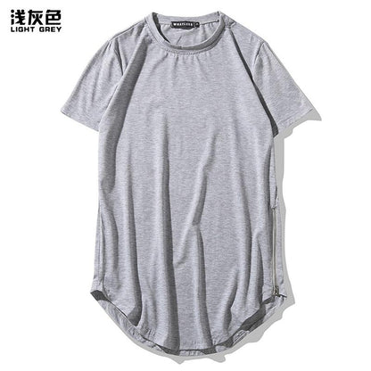 Men's Personality Street Style Double Zipper Long Round Neck T-shirt