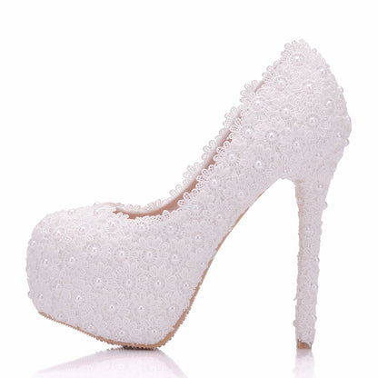 Women Round Toe Lace Pearls Stiletto Heel Platform Pumps Bridal Wedding Shoes