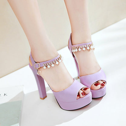 Women's High Heel Rhinestone Buckle Chunky Heel Sandals