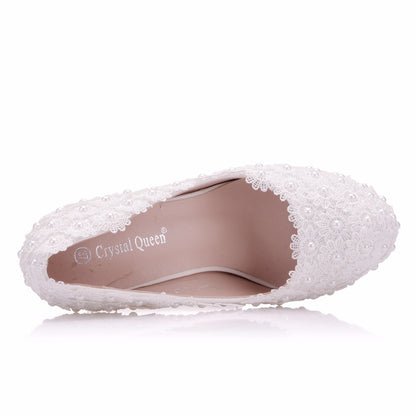 Women Round Toe Lace Pearls Stiletto Heel Platform Pumps Bridal Wedding Shoes