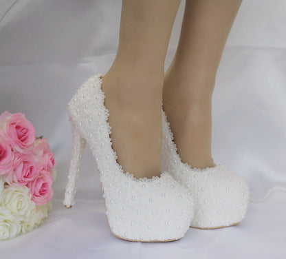 Women Round Toe Lace Pearls Stiletto Heel Platform Pumps Bridal Wedding Shoes