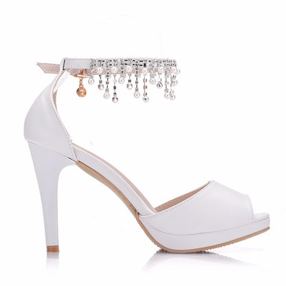 Women Peep Toe Beads Rhinestone Ankle Strap Bridal Wedding Stiletto Heel Platform Sandals