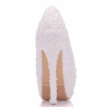 Women Round Toe Lace Pearls Stiletto Heel Platform Pumps Bridal Wedding Shoes