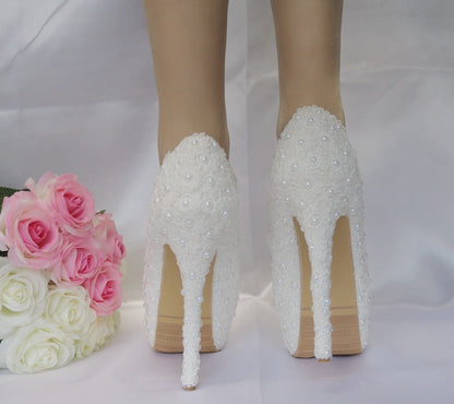 Women Round Toe Lace Pearls Stiletto Heel Platform Pumps Bridal Wedding Shoes