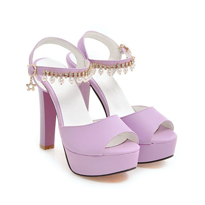 Women's High Heel Rhinestone Buckle Chunky Heel Sandals