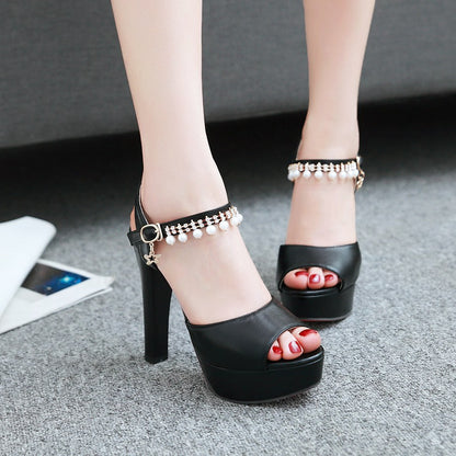 Women's High Heel Rhinestone Buckle Chunky Heel Sandals