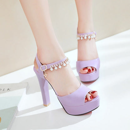 Women's High Heel Rhinestone Buckle Chunky Heel Sandals