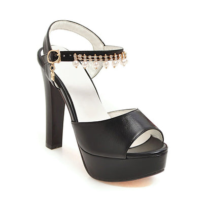 Women's High Heel Rhinestone Buckle Chunky Heel Sandals