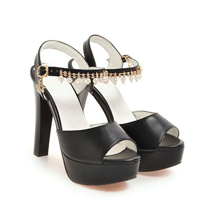 Women's High Heel Rhinestone Buckle Chunky Heel Sandals