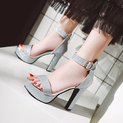 Women's Platform Super High Heel Open Toe Buckle Belt Chunky Heel Sandals