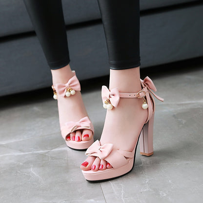 Women's Sweet Bow Platform Open Toe Chunky Heel Sandals