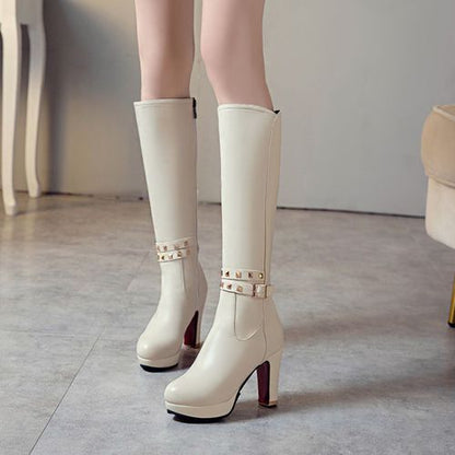 Women Rivets High Heels Knee High Boots