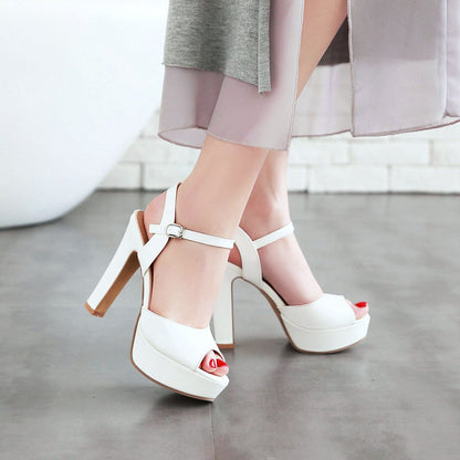 Women's High Heel Platform Buckle Belt Hollow Out Chunky Heel Sandals