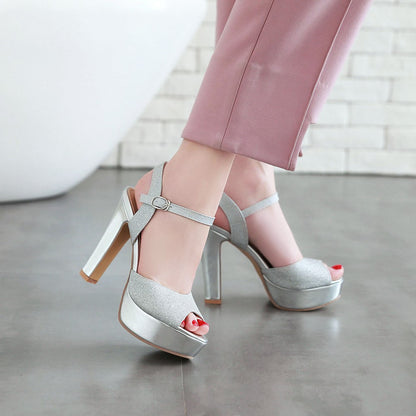 Women's High Heel Platform Buckle Belt Hollow Out Chunky Heel Sandals