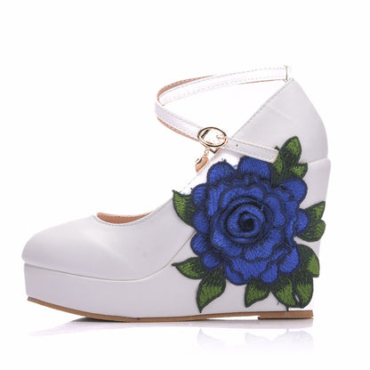 Women Round Toe Crossed Ankle Strap Flora Wedge Heel Platform Pumps