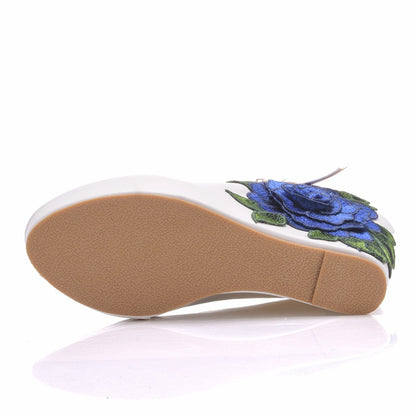 Women Round Toe Crossed Ankle Strap Flora Wedge Heel Platform Pumps