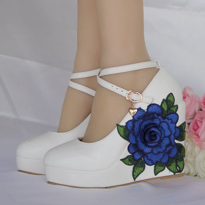 Women Round Toe Crossed Ankle Strap Flora Wedge Heel Platform Pumps