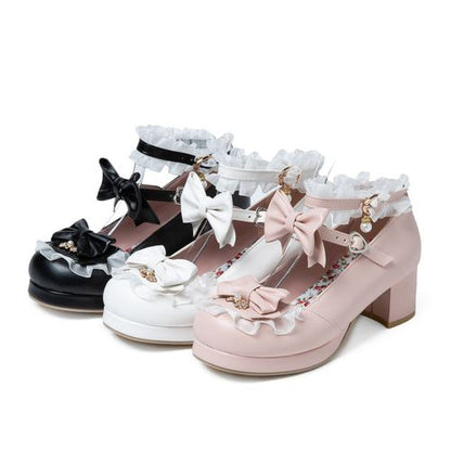 Women Lolita Chunky Heel Pumps Mary Janes Shoes with Bowtie