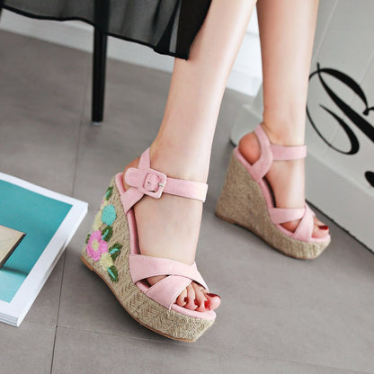 Women's Buckle Belt Open-toed Platform Wedge Sandals