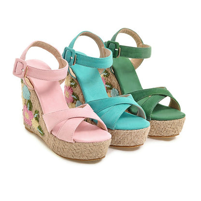 Women's Buckle Belt Open-toed Platform Wedge Sandals