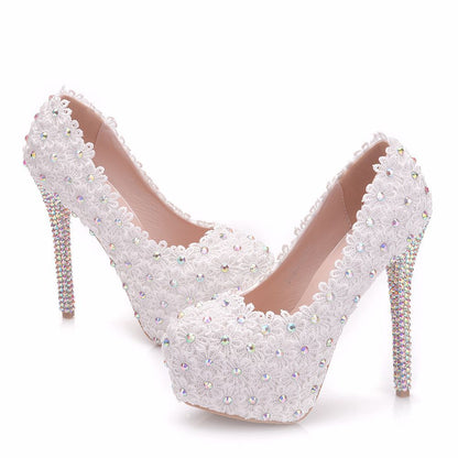 Women Pearls Almond Toe Lace Rhinestone Stiletto Heel Platform Pumps Bridal Wedding Shoes