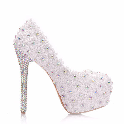 Women Pearls Almond Toe Lace Rhinestone Stiletto Heel Platform Pumps Bridal Wedding Shoes