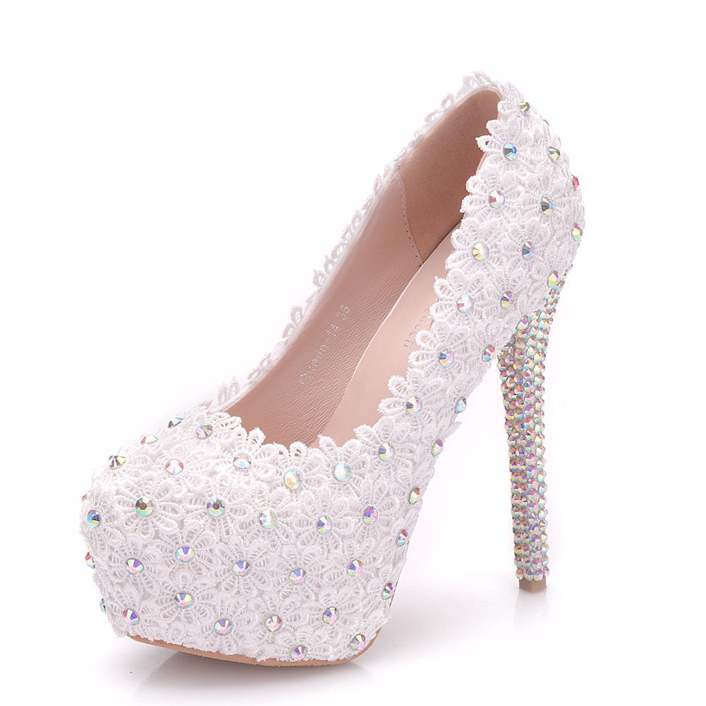 Women Pearls Almond Toe Lace Rhinestone Stiletto Heel Platform Pumps Bridal Wedding Shoes