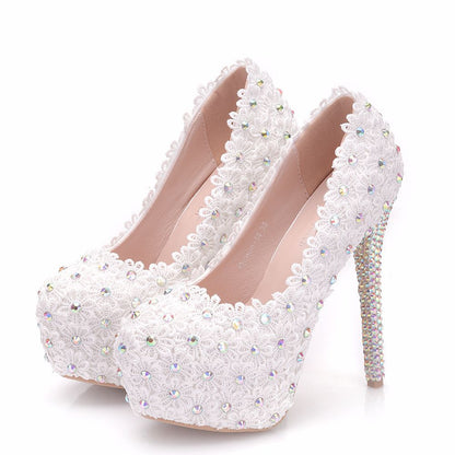 Women Pearls Almond Toe Lace Rhinestone Stiletto Heel Platform Pumps Bridal Wedding Shoes