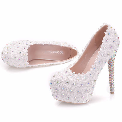 Women Pearls Almond Toe Lace Rhinestone Stiletto Heel Platform Pumps Bridal Wedding Shoes