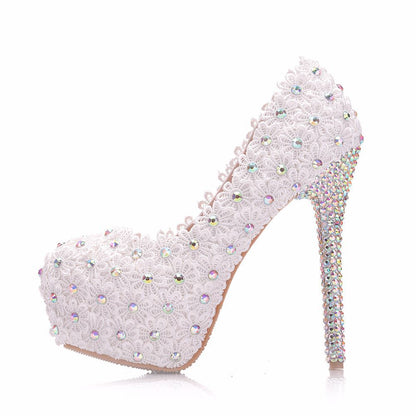 Women Pearls Almond Toe Lace Rhinestone Stiletto Heel Platform Pumps Bridal Wedding Shoes