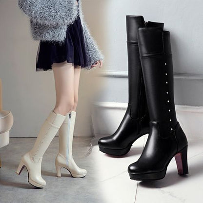 Women Chunky High Heels Knee High Boots