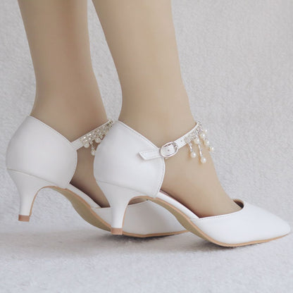 Women Pointed Toe Beads Mary Janes Middle Heel Wedding Sandals