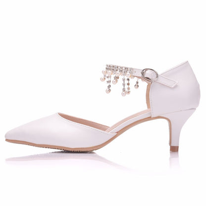 Women Pointed Toe Beads Mary Janes Middle Heel Wedding Sandals