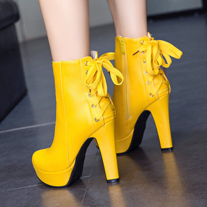 Lace Up High Heel Platform Short Boots for Woman 7149