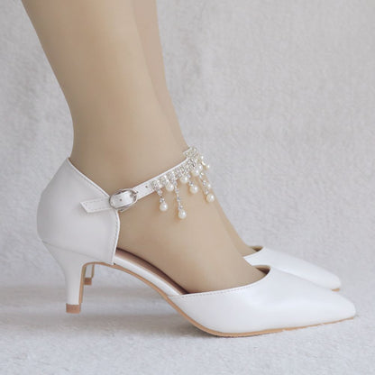 Women Pointed Toe Beads Mary Janes Middle Heel Wedding Sandals