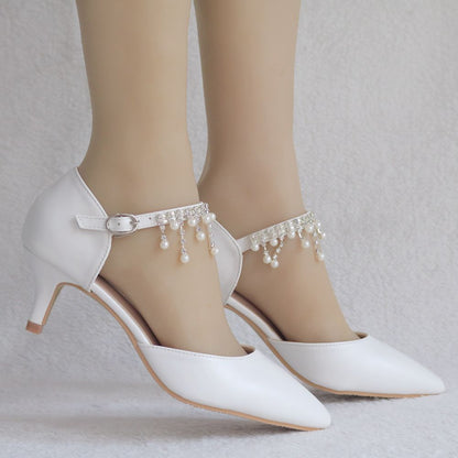 Women Pointed Toe Beads Mary Janes Middle Heel Wedding Sandals