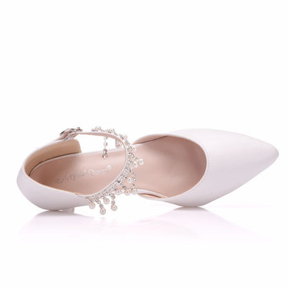 Women Pointed Toe Beads Mary Janes Middle Heel Wedding Sandals