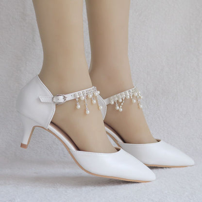 Women Pointed Toe Beads Mary Janes Middle Heel Wedding Sandals